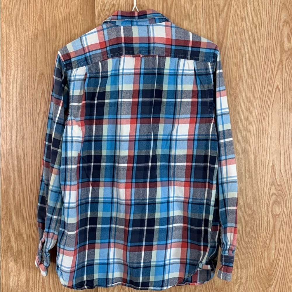 Old Navy Blue and Peach Flannel Plaid Button Down Shirt - Picture 2 of 5